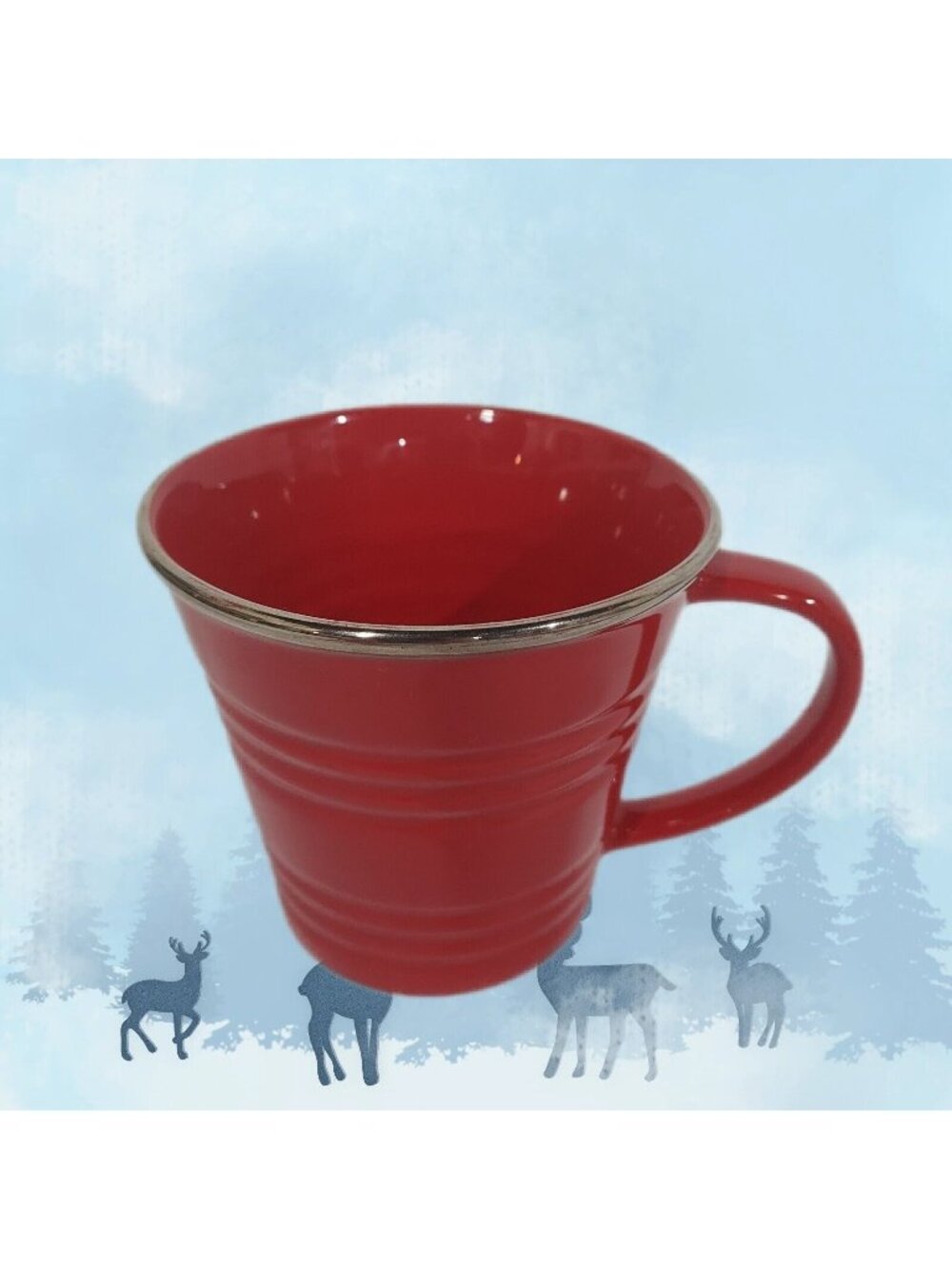 Mug Starbucks 2007 Ribbed Bucket Silver Metallic Rim Red 14oz Hot Or Cold